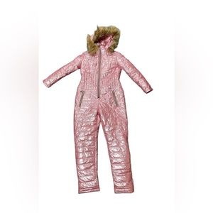 Women Ski Pink Jumpsuit One-Piece Fur Hood M